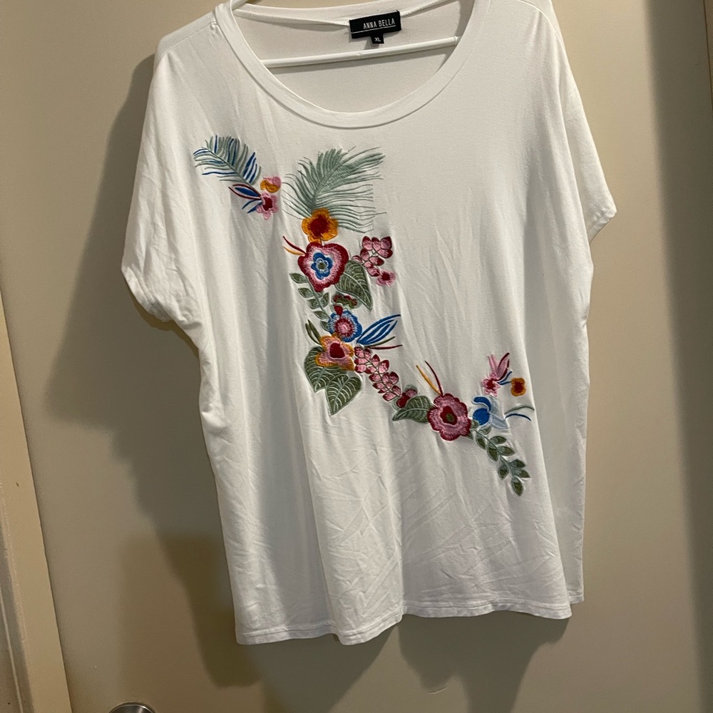 Annabella White Top with Colorful Floral Embroidery